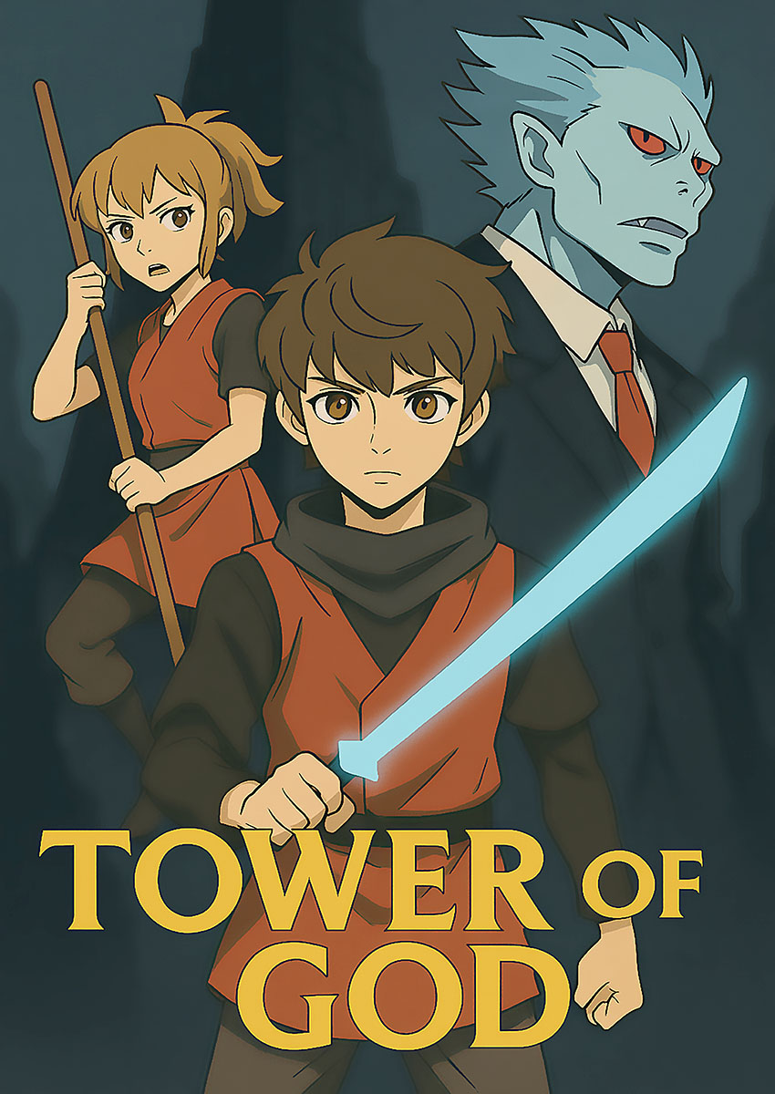 Dynamic Tower of God style artwork featuring characters with a sword and staff